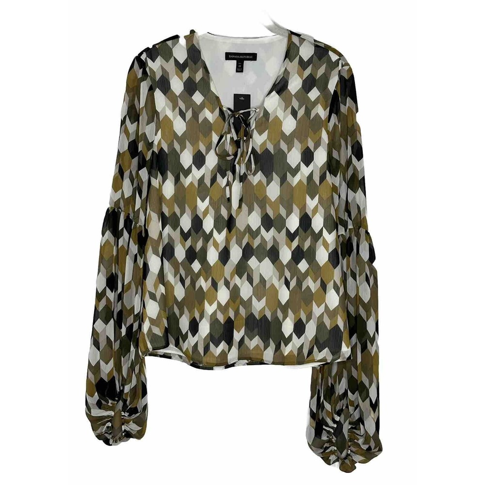 Banana Republic Womens Green Chevron Chiffon Balloon Sleeve Blouse Sz M Tall New